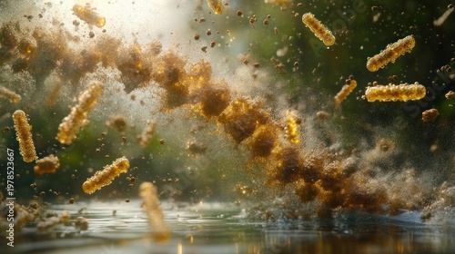 Microscopic, golden particles erupt from water, creating a dynamic visual against lush green foliage