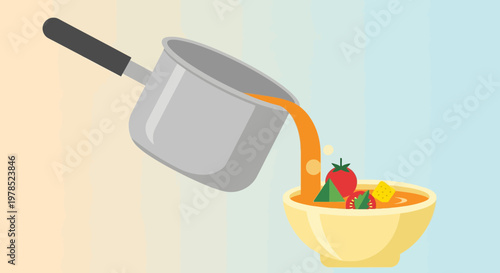 Pouring flavorful tomato soup from a sleek pot into a cheerful bowl with vegetables and herbs