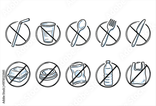 No Plastic Icons Pack – Environmental Protection & Sustainability Signs