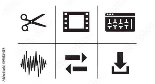 A set of six black icons representing editing and media production on a white background