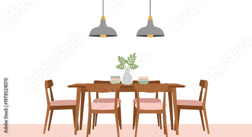 A minimalist dining room scene features a wooden table set for a meal with chairs and lamps