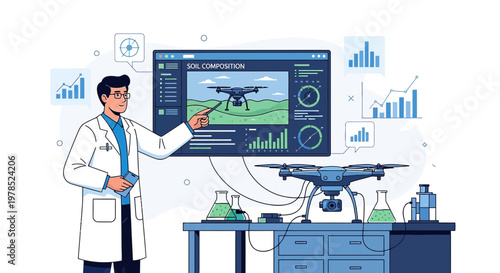 Precision agriculture technology: Scientist analyzing drone data for soil composition analysis