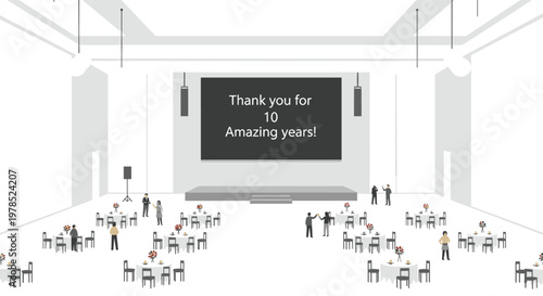 A minimalist flat vector illustration of a corporate ballroom event featuring a stage with a screen displaying anniversary text in a bright white room.
