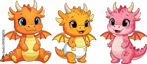 Adorable Baby Dragon Character Set in Orange and Pink with Playful Poses, Cute Wings and Horns, Perfect for Kids Illustrations