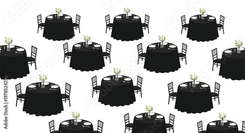 A pattern of multiple round tables with black tablecloths and floral centerpieces suggesting a large-scale formal event or elegant banquet hall.