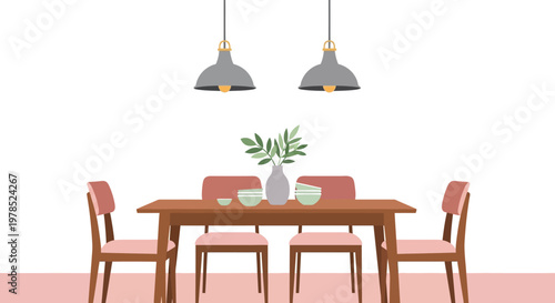 A minimalist dining scene featuring a wooden table chairs and hanging pendant lights