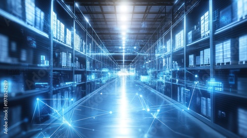 Futuristic warehouse interior with stacked boxes, digital overlay, glowing pathways, and bright light