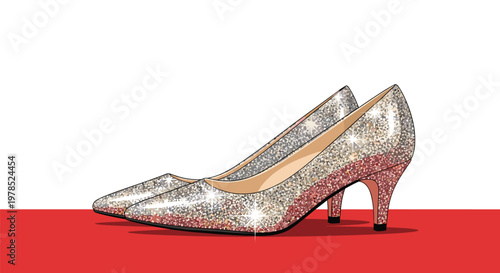 A pair of shimmering silver high-heeled shoes set on a red carpet focusing on the refined texture and elegant design of prestigious luxury footwear.