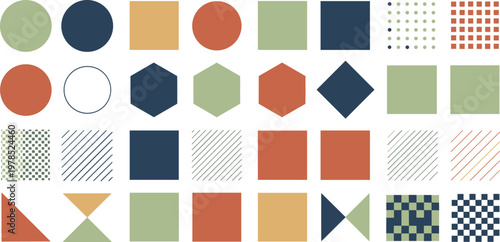 Geometric Graphic Design Element Set Featuring Flat Circles Squares Hexagons and Triangles with Textured Patterns and Solid Earth Tone Colors for Modern Abstract Branding