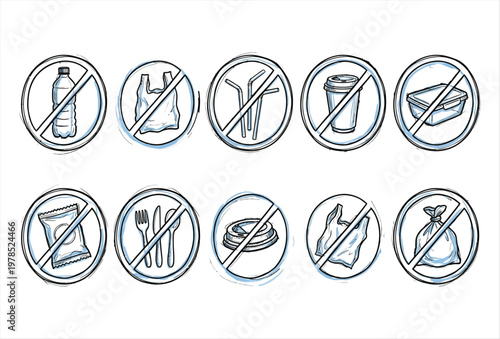 No Plastic Icons Pack – Environmental Protection & Sustainability Signs