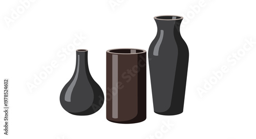 Three dark toned vases of different shapes including a bulbous one a cylindrical one and a tall tapered one are grouped together on a bright white surface.