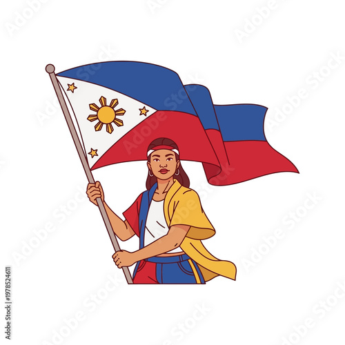A woman proudly holds the Philippine flag, symbolizing national pride and heritage.