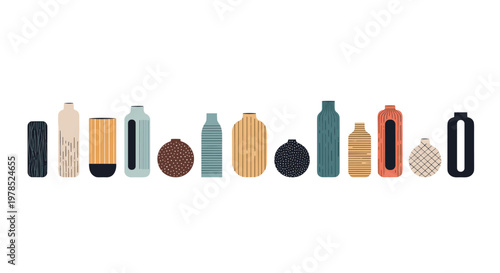 A wide assortment of twelve decorative vases featuring diverse patterns heights and muted color tones are lined up neatly across the expansive white frame.