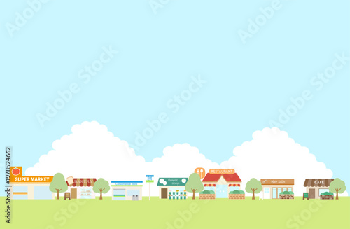 青い空の下に並ぶ店舗やショップの街並みイラスト｜街並み、商店街