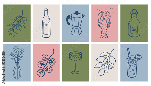 La dolce vita poster set with food, drinks, and tableware. Hand drawn vector illustration for kitchen decor, cafes, restaurants.