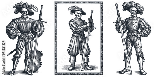 Vector illustration set of three renaissance skeleton landsknechts in puffed clothing and plumed hats, posing with long swords. Dark historical fantasy art.
