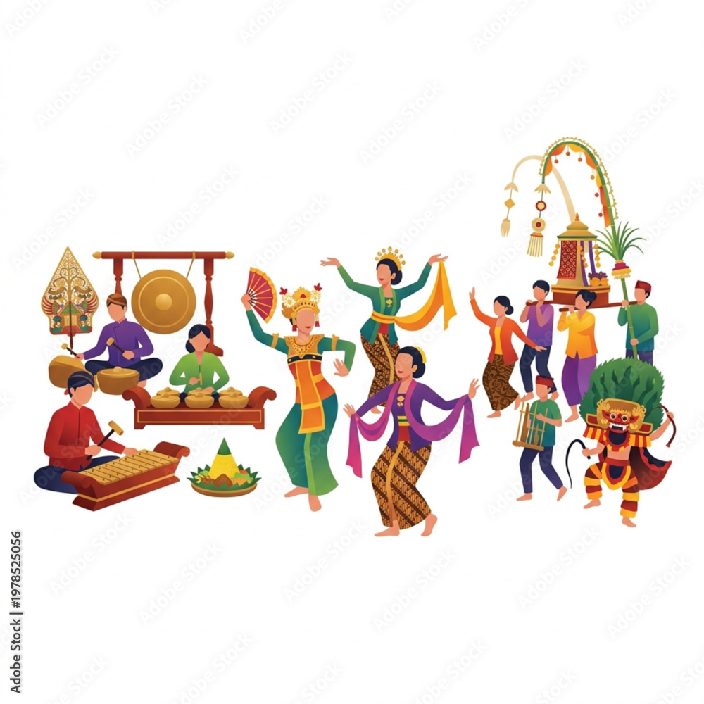 Fototapeta premium Indonesian cultural festival celebration vector illustration with traditional dancers, gamelan musicians, and carnival ornaments in minimalist flat art style on white background