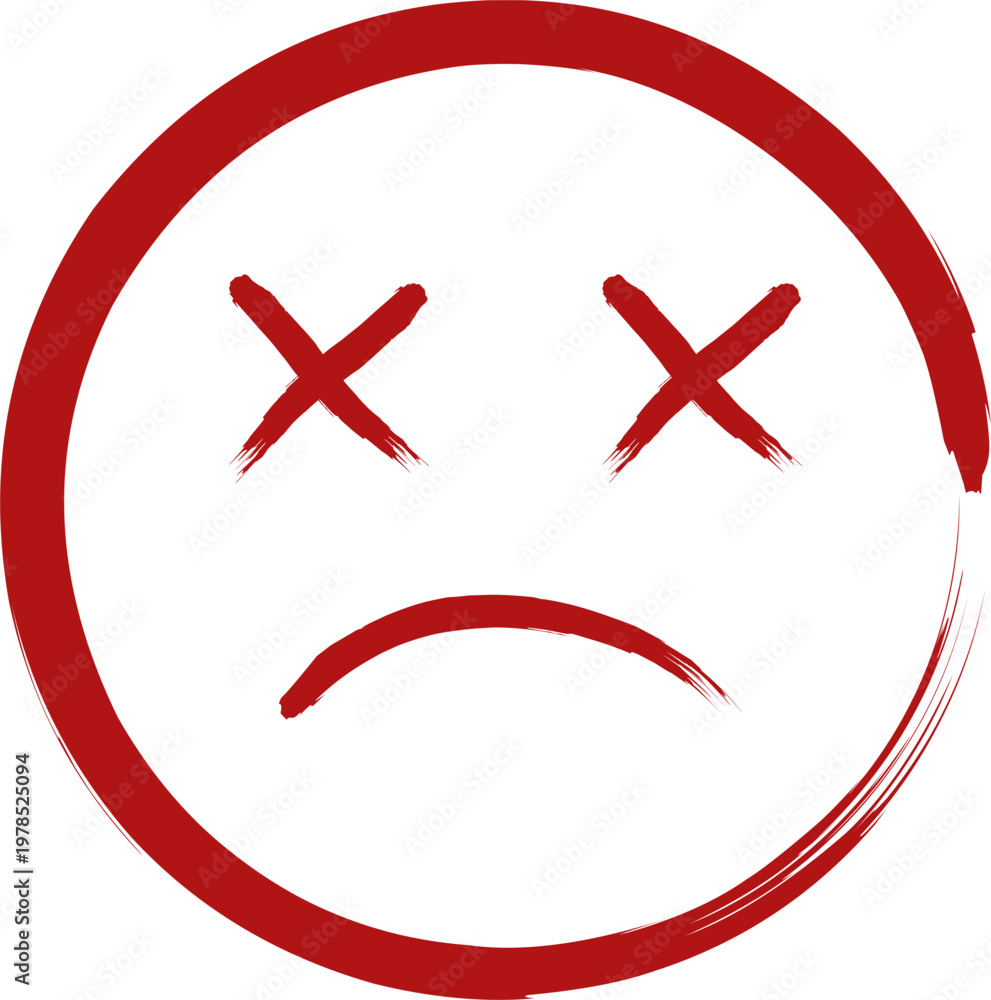 Obraz premium Red sad face icon with cross eyes in brush style. Expresses negative emotion, failure, error, or warning. Perfect for UI, stickers, social media, and design elements.