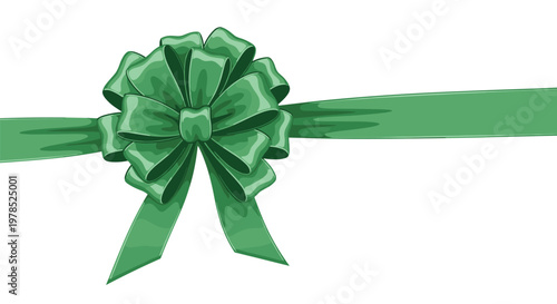 Elaborate multi-layered green ribbon bow featuring long extended trailing ends stretching horizontally across a pristine white background for elegant decor.