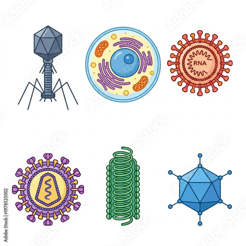 Set of biology virus and cell structure icons, minimalist flat vector illustration of microscopic organisms isolated on white background.
