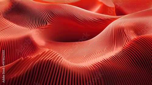 Abstract, textured render of undulating, ridged surfaces in varying shades of red