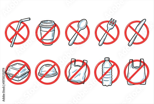 No Plastic Icons Pack – Environmental Protection & Sustainability Signs