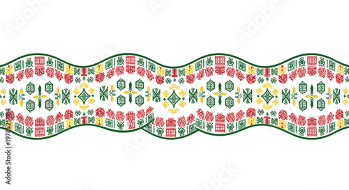 Intricate wavy decorative banner showcasing vibrant geometric patterns in red green and yellow hues against a pristine white backdrop for elegant design.