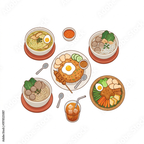 Minimalist Indonesian food collection vector illustration featuring Nasi Goreng, Bakso, Gado-Gado, and Satay. Aesthetic flat art design of local Asian cuisine isolated on white background.
