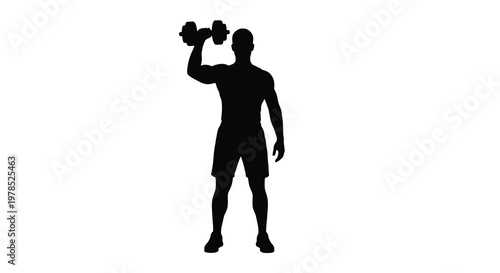 Silhouette of a muscular man lifting a dumbbell overhead