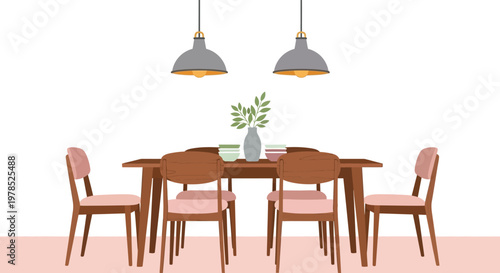 A minimalist dining room scene features a wooden table set for a meal with chairs and lamps