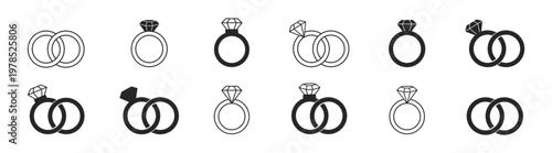 Wedding ring icon set, engagement and marriage symbols with diamond jewelry, love and romantic celebration elements on transparent background