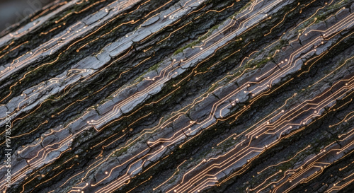 Abstract close-up view of bark with embedded glowing electrical circuits, blending nature with technology in a unique visual fusion