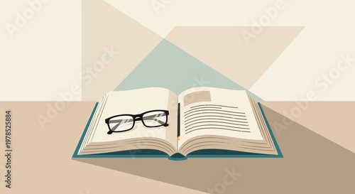 Open book with eyeglasses invites quiet study and reflective contemplation on geometric background