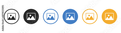 Image icon set in circle style, photo and picture symbols, media gallery placeholders, user interface elements on transparent background