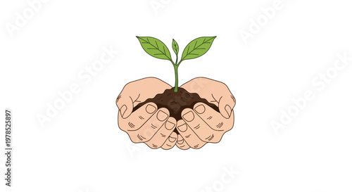 Illustrated vector design shows cupped hands carefully holding a small plant with green leaves and a bit of soil, set against a clean white background, symbolizing environmental awareness
