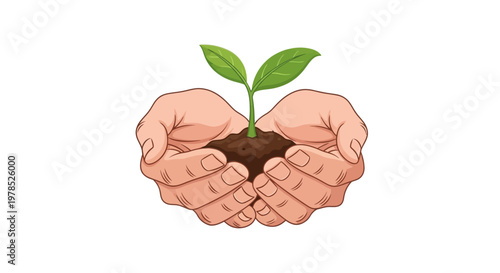 Detailed vector illustration shows human hands carefully holding a small green plant with soil, symbolizing environmental care and sustainable business practices against a clean white