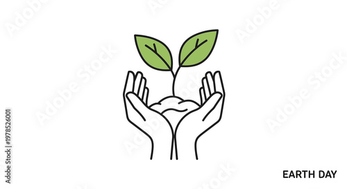 Minimalist vector illustration showing cupped hands gently holding a small plant with fresh green leaves, symbolizing growth and environmental care, presented against a clean white