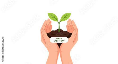 Illustrated in vector art, a pair of hands gently holding a seedling with green leaves and soil, symbolizing growth and environmental care, set against a clean white background