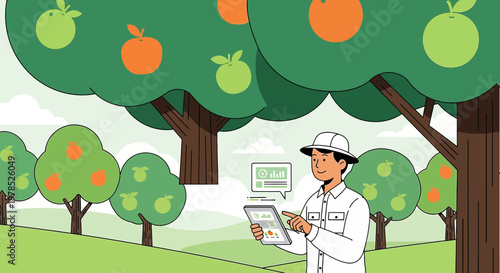 Orchard manager uses tablet to monitor fruit quality and yield in a modern orchard landscape
