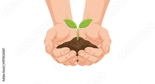 Illustrated image depicts a pair of cartoon hands gently holding a small plant sprouting from soil, symbolizing environmental care in a bright, vector design against a clean white