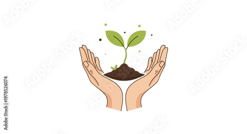 Illustrated vector of human hands gently holding a small plant with soil, symbolizing environmental care and new business growth, rendered with a minimalist design and a hopeful, optimistic