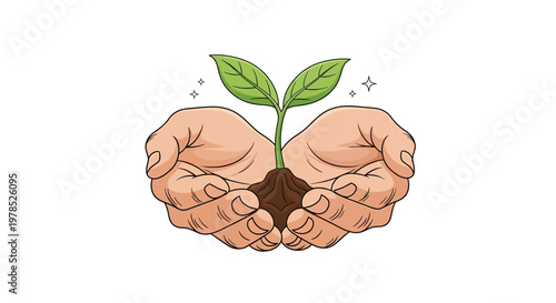 Vector illustration showing two hands holding a small green plant with soil, conveying a concept of growth and environmental care against a clean white background in a vibrant