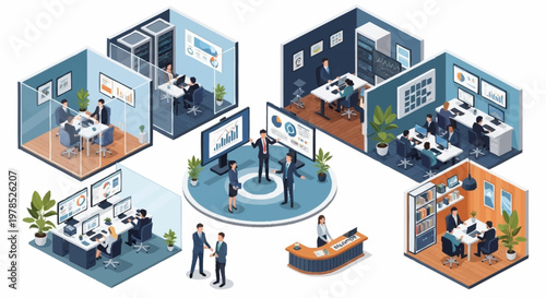 Isometric Office Space with Meeting Rooms and Reception Area.