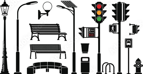 Urban Street Furniture Vector Silhouette Set Featuring Lamps, Benches, and Traffic Signals in Black Side View