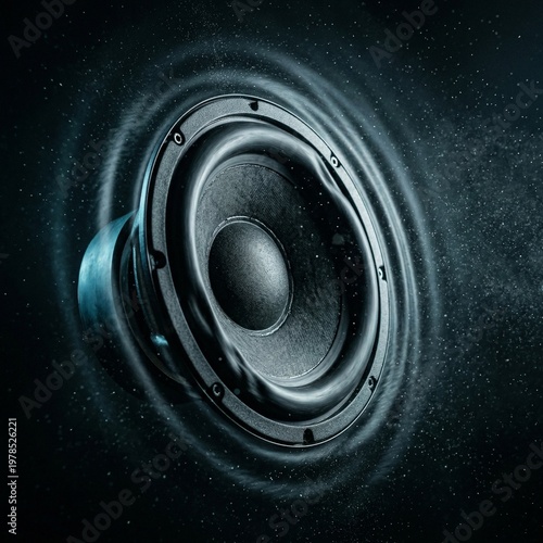 Dynamic audio speaker generating powerful sound waves and vibrant energy in a dark, atmospheric setting, highlighting a rich sonic experience