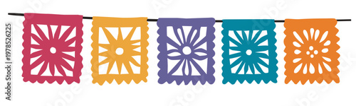 Papel Picado Banner Garland. Colorful Mexican Fiesta Flags. Traditional Decorative Bunting for Cinco de Mayo, Day of the Dead, Dia de Muertos. Sao Joao Arraia, Flat Vector Illustration Isolated