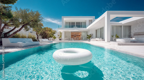 Modern luxury house with swimming pool floating white swimming ring and blue sky