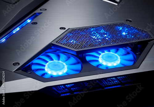 Close up view of a modern computer gaming laptop cooling system featuring vibrant blue led lighting and high performance fans