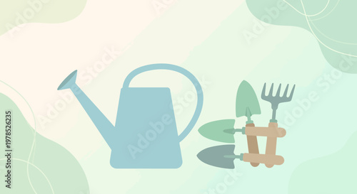 Pastel shaded illustration featuring gardening tools with watering can and shovels near pastel