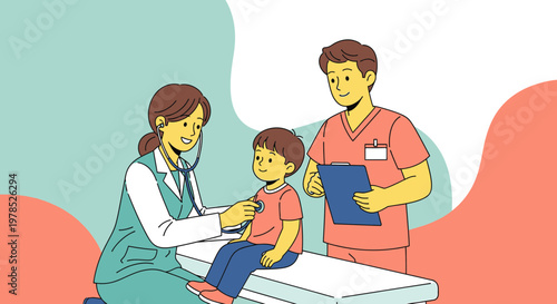 Pediatric healthcare professional examining a young boy with a stethoscope in medical clinic and